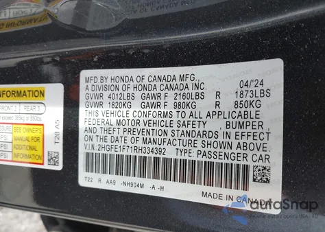 2024 Honda Civic Ex z USA, uszkodzony, nr VIN 2HGFE1F71RH334392